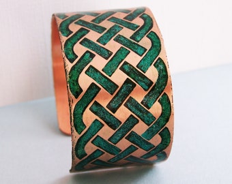 Celtic Weave - Etched hand colored copper cuff bracelet