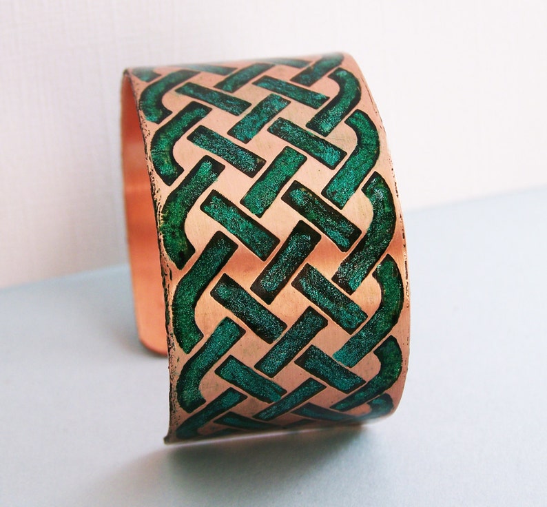 Celtic Weave Etched hand colored copper cuff bracelet image 1