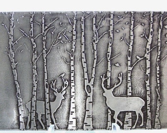 Hand Stamped Etched Metal Deer in the Birch Woods Christmas Ornament or Decoration