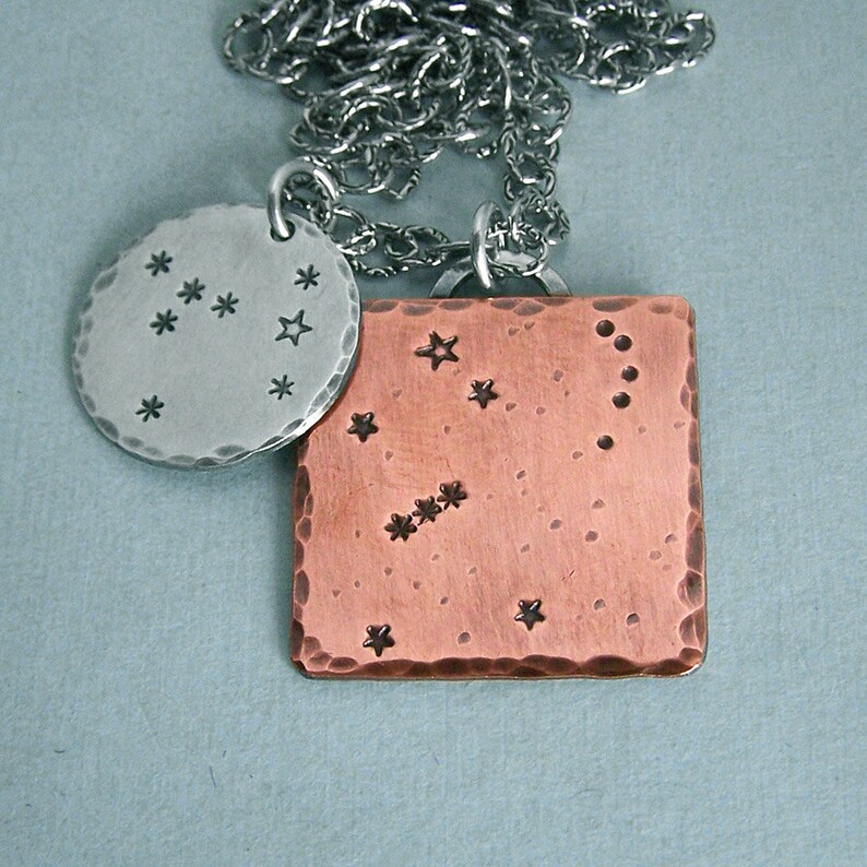 Constellation Necklace Orion and Canis Major Hand Stamped Copper and Sterling Silver image 2