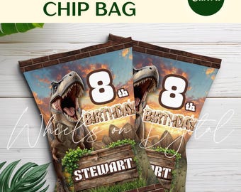 ジュラシック・ワールドのポテトチップス袋テンプレート、恐竜のポテトチップス袋、ジュラシック・パークの誕生日パーティー、Canvaのポテトチップス袋
