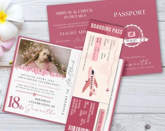 18歳の誕生日パスポート招待状、パスポートと搭乗券テンプレート（Canvaテンプレート、デジタルダウンロード）