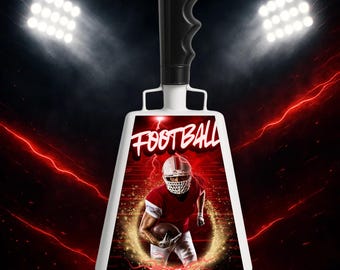 フットボールカウベルテンプレート：試合当日のスピリットデザイン（編集可能なCanvaテンプレート）