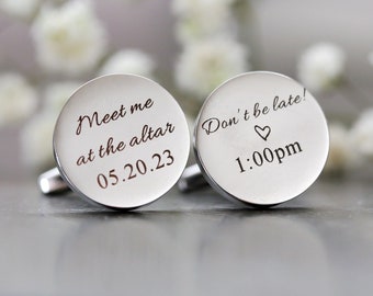 Bride to GroomCufflinks,Meet Me At The Altar, Metal Cufflinks, Personalized Cufflinks,Wedding Cufflinks,Custom Date and Time