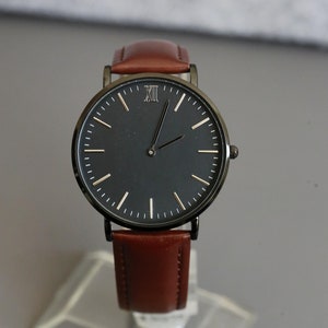 Custom Minimalist Black Face Brown Leather Watch for Men Watch Gift for Husband, Personalized Metal Watch, Engraved Gift, Christmas Gift