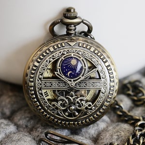 Personalized Sun & Moon Brass Pocket Watch Personalized for Groom, Groomsmen,Custom Engraved Pocket Watch,Mechanical  Watch