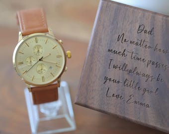 Engraved Watch for Men, Father of Bride, Gold Face Leather Band Watch, Personalized Watch, Groomsman Gift, Wedding Gift, Groom Gift