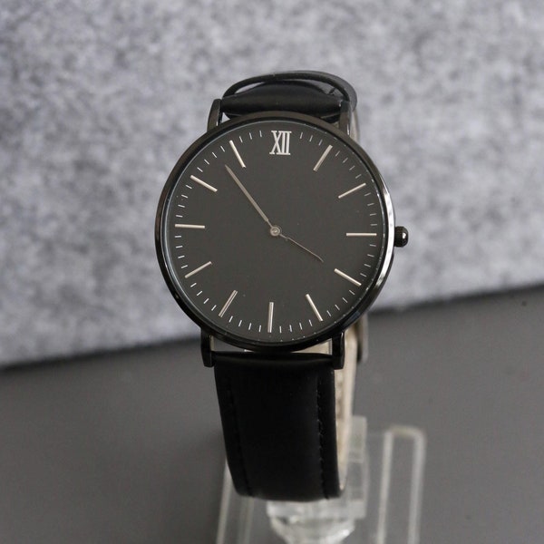 Custom Minimalist Black Face Black Leather Watch for Men Watch Gift for Husband, Personalized Metal Watch, Engraved Gift, Christmas Gift