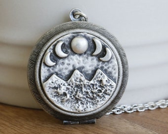 Personalized Locket,Moon Phase Locket Necklace, Locket,Jewelry,Necklace,Pendant,Mountain and Moon Locket Necklace,Silver Locket,Woodland