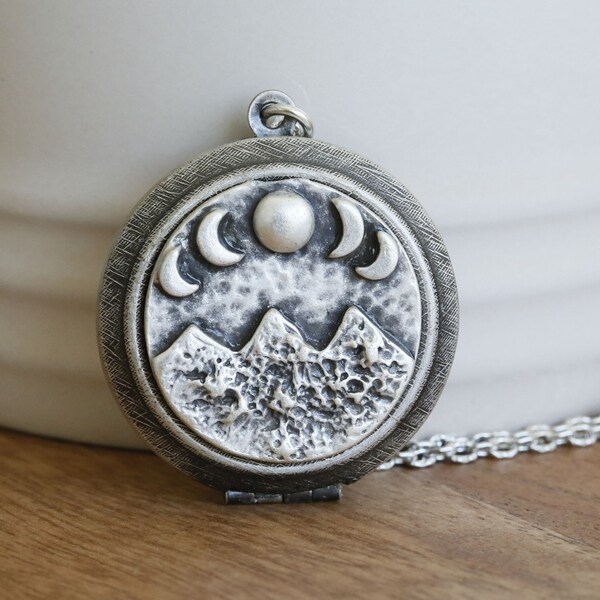 Personalized Locket,Moon Phase Locket Necklace, Locket,Jewelry,Necklace,Pendant,Mountain and Moon Locket Necklace,Silver Locket,Woodland