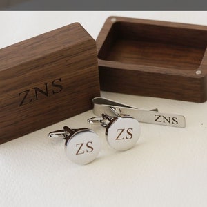 Custom Cufflinks, Tie Clip & Rectangle Gift Box - Tie Pin Wedding Day Cuff links Groom Dad Groomsmen, Wood Anniversary Gift