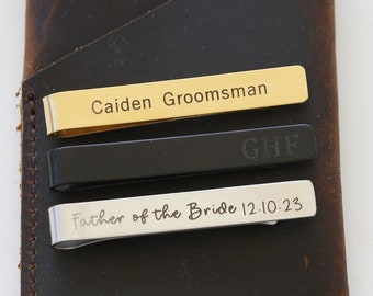 Tie Clip Bar with Leather Bag Set Personalized Tie Clip - Custom Groomsmen Gift -Father of the Bride and Groom Dad or Grandpa, Wedding Gift