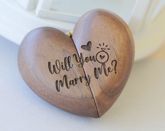 Custom Engraved Wood Heart Ring Box,Proposal Heart Ring Box,Walnut Heart Ring ,Wedding Engagement Ring BoxBox,Will you marry me