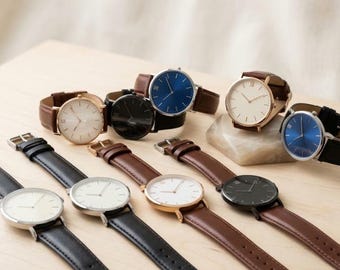 Custom Minimalist Black Face Brown Leather Watch for Men Watch Gift for Husband, Personalized Metal Watch, Engraved Gift, Christmas Gift