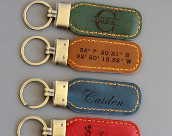 Personalized  Leather Keychain Customized Leather Keychain Genuine Leather Key Chain Engraved Key Tag Gift for her Modern Key Rings Office
