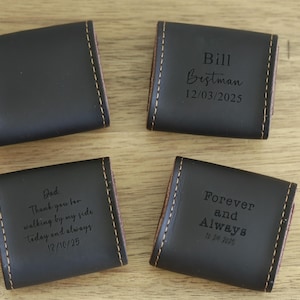 May include: Four brown leatherette gift boxes with engraved text. The boxes have a stitched edge and are suitable for holding small gifts. The text on the boxes reads: "Bill Bestman 12/03/2025", "Dad Thank you for walking by my side today and always 12/10/25", "Forever and Always 12/10/25", and a blank box.
