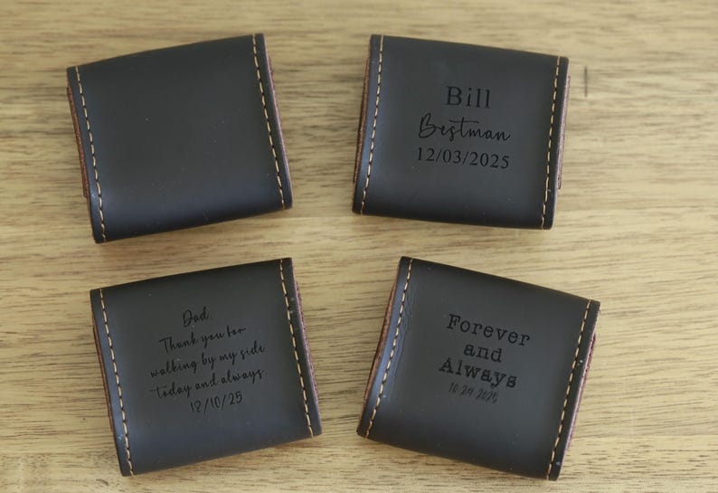 May include: Four brown leatherette gift boxes with engraved text. The boxes have a stitched edge and are suitable for holding small gifts. The text on the boxes reads: "Bill Bestman 12/03/2025", "Dad Thank you for walking by my side today and always 12/10/25", "Forever and Always 12/10/25", and a blank box.
