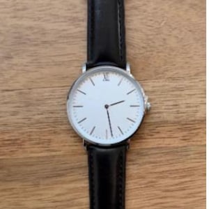 Custom Minimalist Black Face Brown Leather Watch for Men Watch Gift for Husband, Personalized Metal Watch, Engraved Gift, Christmas Gift Black + Silver Case