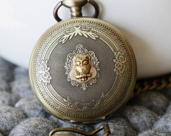 Brass Owl Pocket Watch, Quartz Pocket Watch, Steampunk Pocket Watch, Pocket Watch Chain, Groom Gift, Groomsmen Gift, Birthday Gift