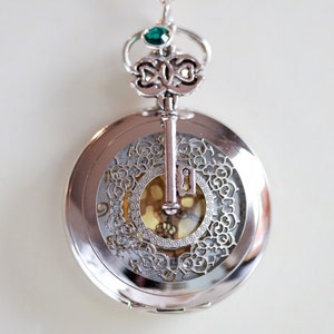 Pocket Watch Necklace With Key Charm ,Birthstone,jewelry gift,Locket,Necklace,Wedding