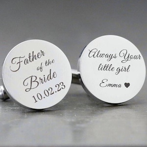 Father of the Bride Cufflink,Cufflinks,Personalized Cufflinks, Engraved Cufflinks, Round Custom Cuff link ,Gifts for Him,Wedding Gift
