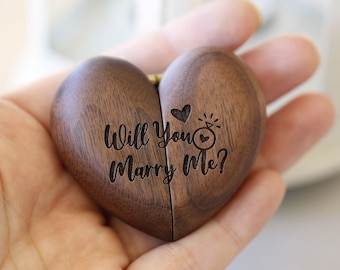 Custom Engraved Wood Heart Ring Box,Proposal Heart Ring Box,Walnut Heart Ring ,Wedding Engagement Ring BoxBox,Will you marry me