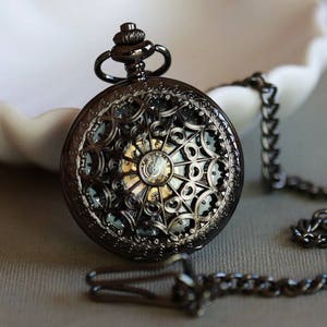 Black Personalized Mens Pocket Watch,Mechanical Pocket Watch,Steampunk Pocket Watch,Pocket Watch Chain,Groom Gift,Groomsmen Gift