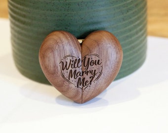 Custom Engraved Wood Heart Ring Box,Proposal Heart Ring Box,Walnut Heart Ring ,Wedding Engagement Ring BoxBox,Will you marry me
