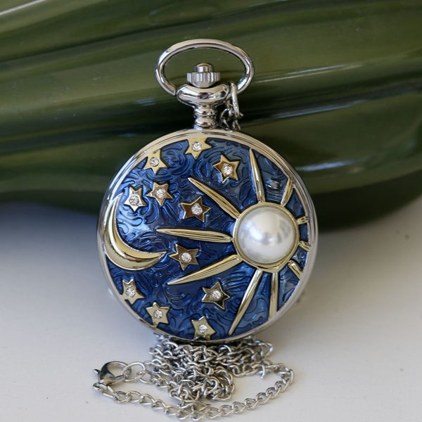 Pocket Watch Necklace With Sun and Moon,jewelry gift,Locket,Necklace,Wedding