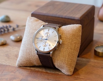 Engraved Men's Watch with Silver Face, Groomsmen Gift, Anniversary & Father's Day Gift for Him, Dark Brown Leather Band, Metal Watch