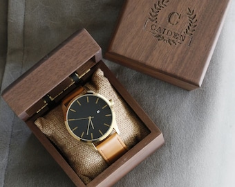 Engraved Gold Wrist Watch, Groomsmen Gifts,Mens Watch,Husband, Mens Birthday, Wedding, 5th Anniversary Gift, Walnut Wood Gift Box,Watch Bag