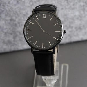 Custom Minimalist Black Face Brown Leather Watch for Men Watch Gift for Husband, Personalized Metal Watch, Engraved Gift, Christmas Gift Black+Black Case