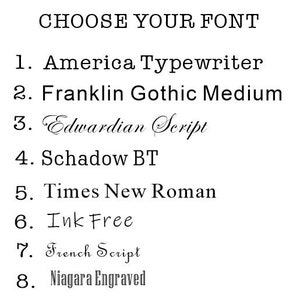 May include: White background with the text "CHOOSE YOUR FONT" at the top. Below are eight font options: America Typewriter, Franklin Gothic Medium, Edwardian Script, Schadow BT, Times New Roman, Ink Free, French Script, and Niagara Engraved.