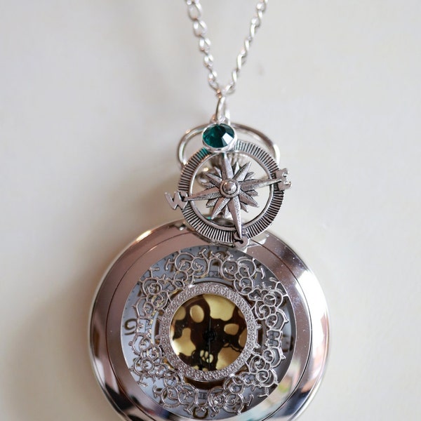 Pocket Watch Necklace With Compass Charm ,Birthstone,jewelry gift,Locket,Necklace,Wedding
