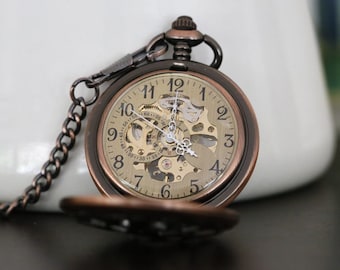 Kupfer personalisierte Herren Taschenuhr, mechanische Taschenuhr, Steampunk Taschenuhr, Taschenuhr Kette, Bräutigam Geschenk, Groomsmen Geschenk