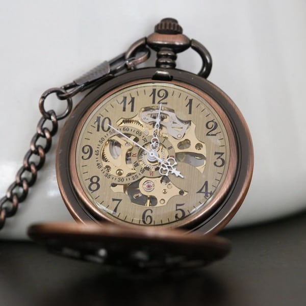Copper Personalized Mens Pocket Watch,Mechanical Pocket Watch,Steampunk Pocket Watch,Pocket Watch Chain,Groom Gift,Groomsmen Gift