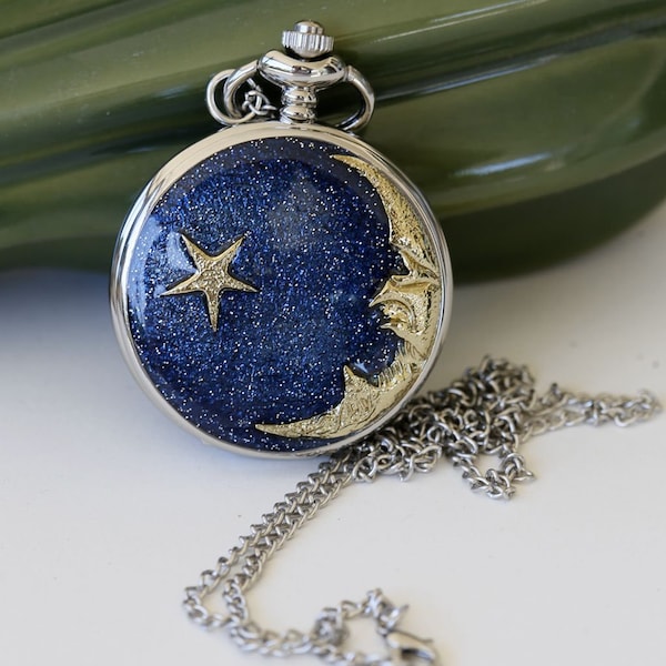 Pocket Watch Necklace With Stars and Moon,jewelry gift,Locket,Necklace,Wedding