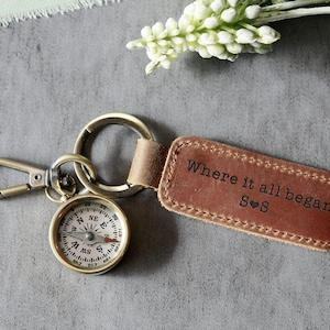 May include: A brown leather keychain with a compass and a metal ring. The leather tag is engraved with the text "Where it all began S♥S".
