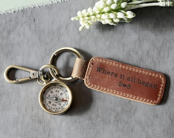 Llavero de brújula de cuero personalizado: coordenadas grabadas