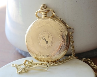 Personalized Mens Gold Pocket Watch,Quartz Pocket Watch,Steampunk Pocket Watch,Pocket Watch Chain,Groom Gift,Groomsmen Gift