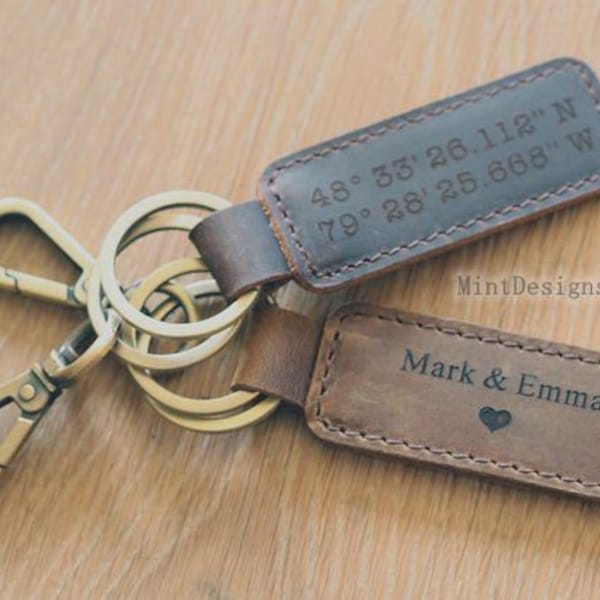 Customized Keychain,Personalized Leather Keychain,Custom Leather Keychain,coordinates keychain longitude latitude keychain,Father's Day