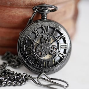 Personalized Pocket Watch, Black Pocket Watch, Mechanical Pocket Watch, Steampunk Pocket Watch, Groom Gift, Groomsmen Gift, Wooden Watch Box
