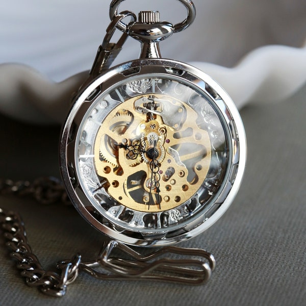 Silver Personalized Mens Pocket Watch,Mechanical Pocket Watch,Steampunk Pocket Watch,Pocket Watch Chain,Groom Gift,Groomsmen Gift