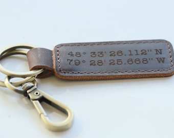 Customized Keychain,Personalized Leather Keychain,Custom Leather Keychain,coordinates keychain longitude latitude keychain,Father's Day