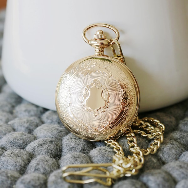 Personalized Mens Gold Pocket Watch,Quartz Pocket Watch,Steampunk Pocket Watch,Pocket Watch Chain,Groom Gift,Groomsmen Gift