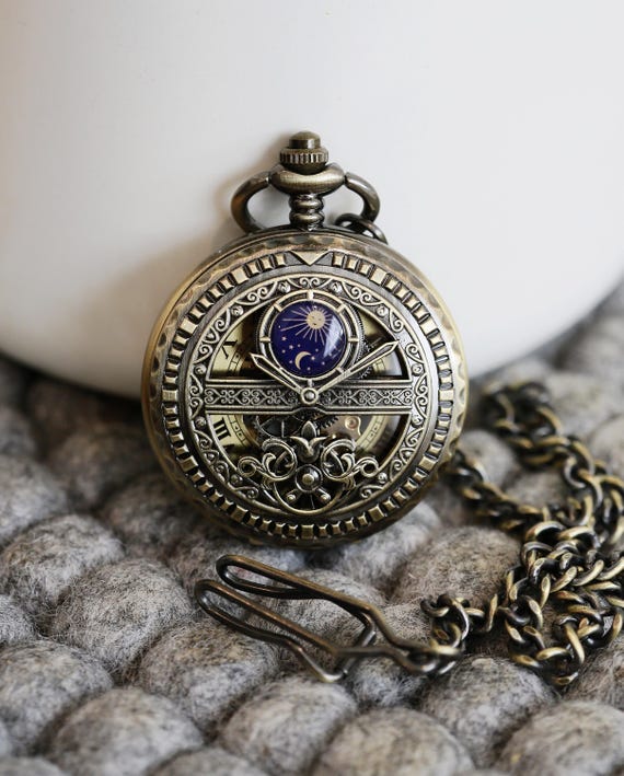 Personalized Sun Moon Brass Pocket Watch Personalized for Groom Groomsmen Custom Engraved Pocket Watch Mechanical Watch