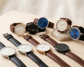 Custom Minimalist Black Face Brown Leather Watch for Men Watch Gift for Husband, Personalized Metal Watch, Engraved Gift, Christmas Gift