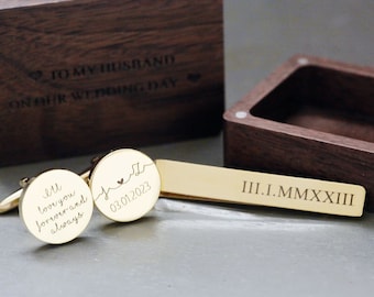 Custom Cufflinks, Tie Clip & Rectangle Gift Box - Wedding Day Cuff links Groom Dad Groomsmen, Wood Anniversary Gift for Husband from Wife