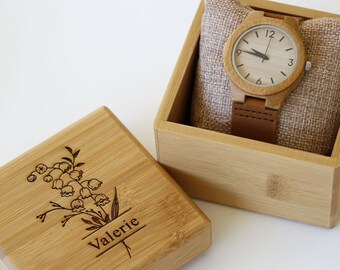 Personalized Women's Wood Watch,Birth Flower,Engraved Wooden Watch,Bridesmaids Gifts, - Gift for Her, Anniversary, Wedding gift