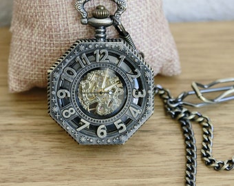 Personalized Brass Mechanical Pocket Watch: Engraved Steampunk Gift